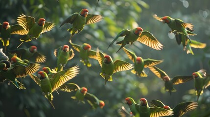 A flock of green parrots flying through a forest canopy - obrazy, fototapety, plakaty