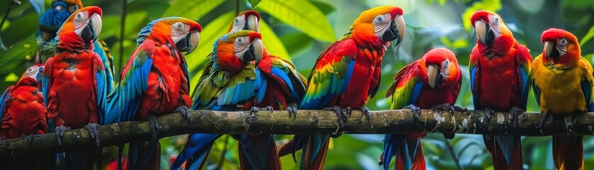 A group of colorful parrots sitting on a branch in the jungle - obrazy, fototapety, plakaty