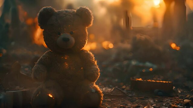 children's teddy bear toy over a burned city, destruction of the consequences of a military 