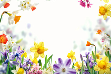 Vibrant spring flower border with a white background and copy space