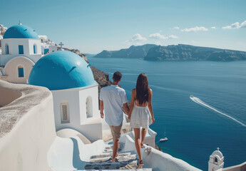 Young couple in love walking along the stairs of Oia, Santorini island with blue domes and white church buildings on Greek volcano landscape - obrazy, fototapety, plakaty