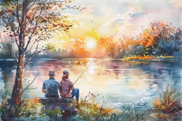 elderly couple enjoying peaceful sunset while fishing on tranquil lake watercolor painting - obrazy, fototapety, plakaty