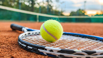 Tennis Racket and Ball on Clay Tennis Court, Sports Equipment and Tennis Sport Concept