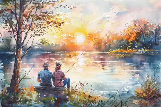 elderly couple enjoying peaceful sunset while fishing on tranquil lake watercolor painting