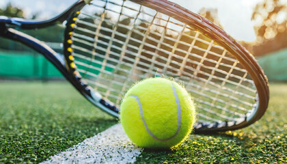 Tennis Racket and Ball on Grass Tennis Court, Sports Equipment and Tennis Sport Concept