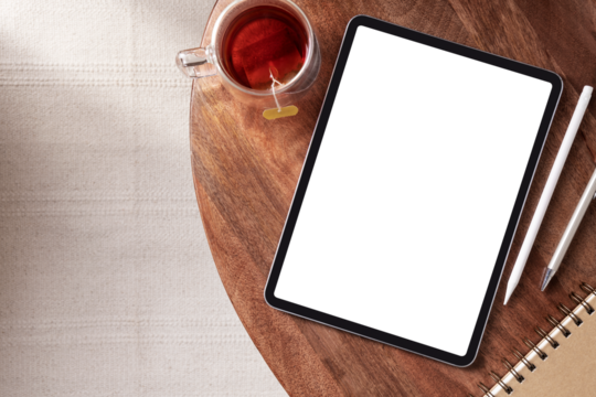 Tablet screen png mockup, transparent digital device, cup of tea - Powered by Adobe
