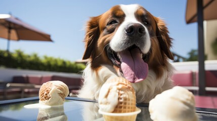 the joyous moment of a Saint Bernard dog savoring a scoop of vanilla ice cream on a sunny day