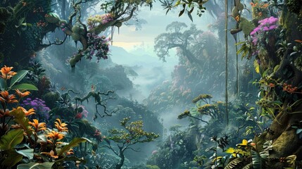 A surreal dreamscape featuring an otherworldly jungle, where colorful vines and exotic flora thrive...