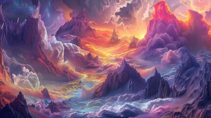 A surreal dreamscape featuring an alien landscape bathed in vivid hues, where towering mountains and swirling clouds create an otherworldly panorama.