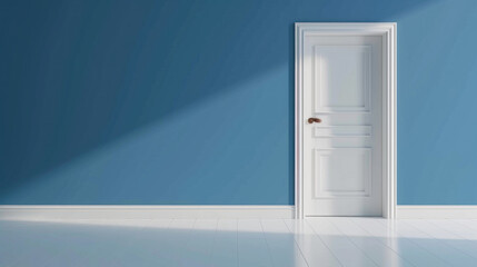 3D render of a white door on a blue wall and white floor. copy space for text. simple empty room with an open wooden entrance door