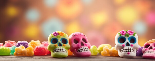 Vibrant colorful sugar skulls celebrating Day of the Dead blurred background - Powered by Adobe