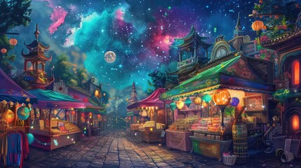 A surreal dreamscape featuring a celestial marketplace, where colorful stalls and exotic wares are...