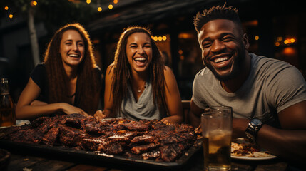 Friends smile and enjoy a delicious meat-based meal in a bar with a warm atmosphere