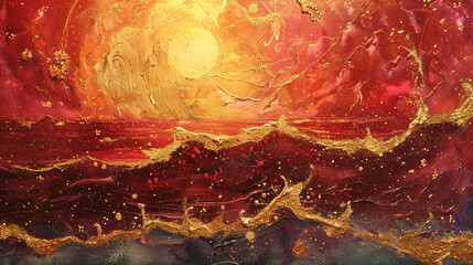 Fiery waves of crimson and scarlet, dusted with gold glitter, capturing the essence of a sunset on water. 