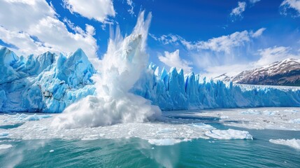 Fototapeta premium Glacier ice calving into the ocean, climate change concept, reminder of the fragility of Earth's ecosystems and the urgent need for climate action