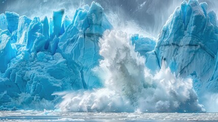 Glacier ice calving into the ocean, climate change concept, reminder of the fragility of Earth's ecosystems and the urgent need for climate action - obrazy, fototapety, plakaty