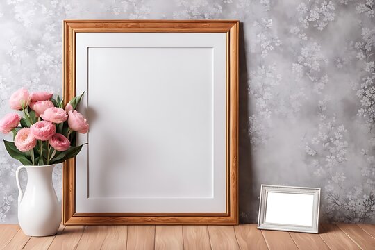  Blank wood vertical frame mockup  room with a picture frame and flowers  a wall interior background 