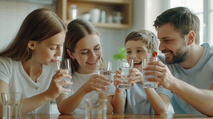 Happy Family Enjoying Fresh Water Together at Home. Concept drink of clear water.