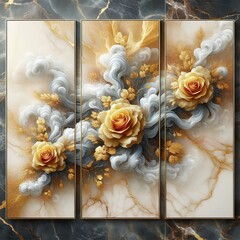 panel wall art, with golden jewelry rose and grey smoke, wall decoration, wall mockup decor luxurious marble background - Generative AI