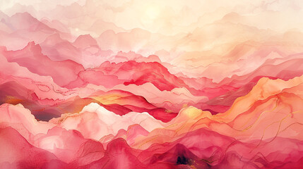 Gentle undulations of soft pink and coral, kissed by golden sunlight, creating a dreamy watercolor landscape. 