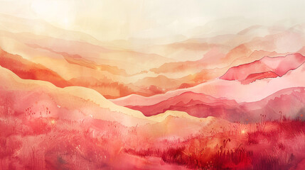 Gentle undulations of soft pink and coral, kissed by golden sunlight, creating a dreamy watercolor landscape. 