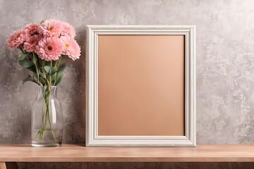  Blank wood vertical frame mockup  room with a picture frame and flowers  a wall interior background 