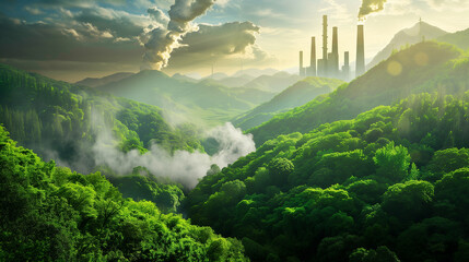 A city with a lot of smoke and a lot of trees. The trees are green and the sky is cloudy - obrazy, fototapety, plakaty