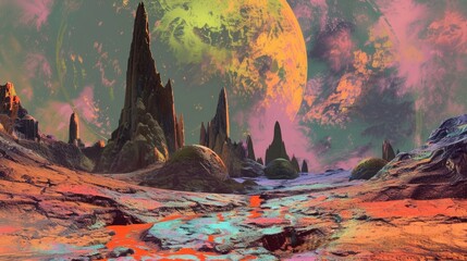 A surreal landscape on an alien planet, with vibrant colors and strange rock formations creating an otherworldly vista. - Powered by Adobe