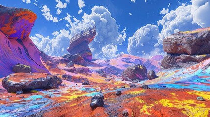 A surreal landscape on an alien planet, with vibrant colors and strange rock formations creating an otherworldly vista.