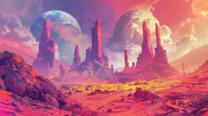 A surreal landscape on an alien planet, with vibrant colors and strange rock formations creating an otherworldly vista. - Powered by Adobe