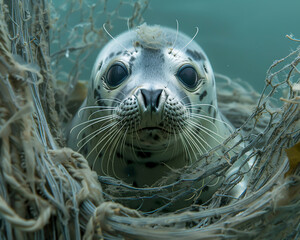 A poignant image of a seal with a gaze that captures a mixture of innocence and distress, entangled in tattered marine netting.