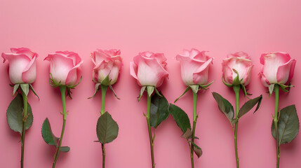 top view of a row of pink roses on a pink background - obrazy, fototapety, plakaty