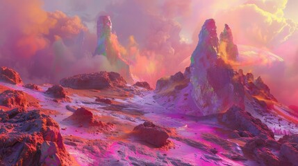 A surreal landscape on an alien planet, with vibrant colors and strange rock formations creating an...