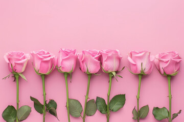 top view of a row of pink roses on a pink background