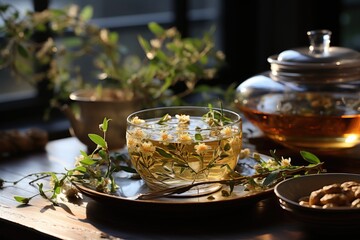 Jasmine tea in a Chinese porcelain teapot in a Zen garden., generative IA