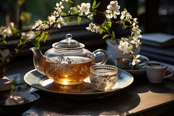 Jasmine tea in a Chinese porcelain teapot in a Zen garden., generative IA