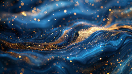 Golden glitters dancing across a canvas of fluid blue strokes. 