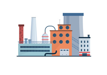 Industrial Building Concept Eco Style Factory City Landscape. Set of factory style or industrial building flat design style icons. Structures with pipes and chimney. Architectural theme. Vector.
