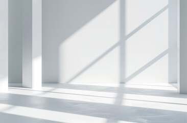 Minimalist White Room with Geometric Shadows and Light Play