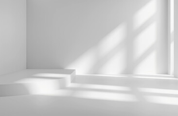 Minimalist White Room with Geometric Shadows and Light Play