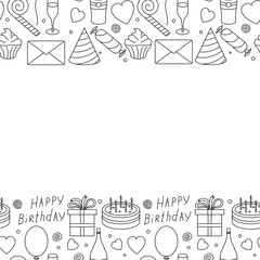 Happy birthday frame. Seamless birthday background. Illustration with cake, gift box, party hat, balloons.