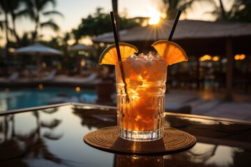 Tropical fruit cocktail in a pool resort with palm trees., generative IA