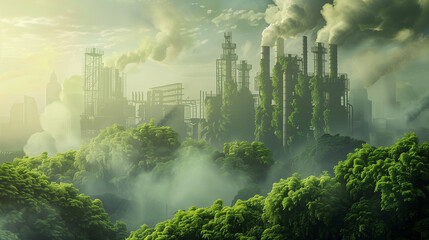 A city with a lot of smoke and a lot of trees. The trees are green and the sky is cloudy