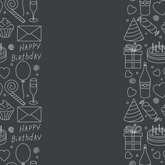 Happy birthday frame. Seamless birthday background. Illustration with cake, gift box, party hat, balloons.