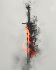 Philosophically charged minimalist art featuring a flaming sword, symbolizing the dual nature of creation and destruction - obrazy, fototapety, plakaty