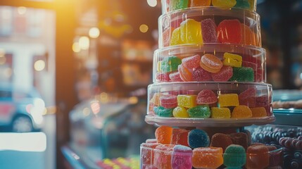 Low angle shot of a tower of colorful candy in a quaint candy shop, negative space composition, backlighting for a cozy, inviting effect, candy shop in the afternoon - obrazy, fototapety, plakaty