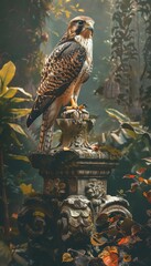 A majestic peregrine falcon stands on a detailed stone pedestal amidst lush foliage, exuding elegance and vigilance. - obrazy, fototapety, plakaty