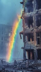 War scene with destroyed buildings and a subtle invisible rainbow, conveying hope, somber tones - obrazy, fototapety, plakaty