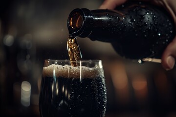 Close-up of a dark, frothy beer being poured into a clear glass, with bubbles and foam visible. - obrazy, fototapety, plakaty