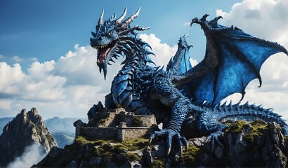 giant blue dragon on a castle kingdom background from Generative AI